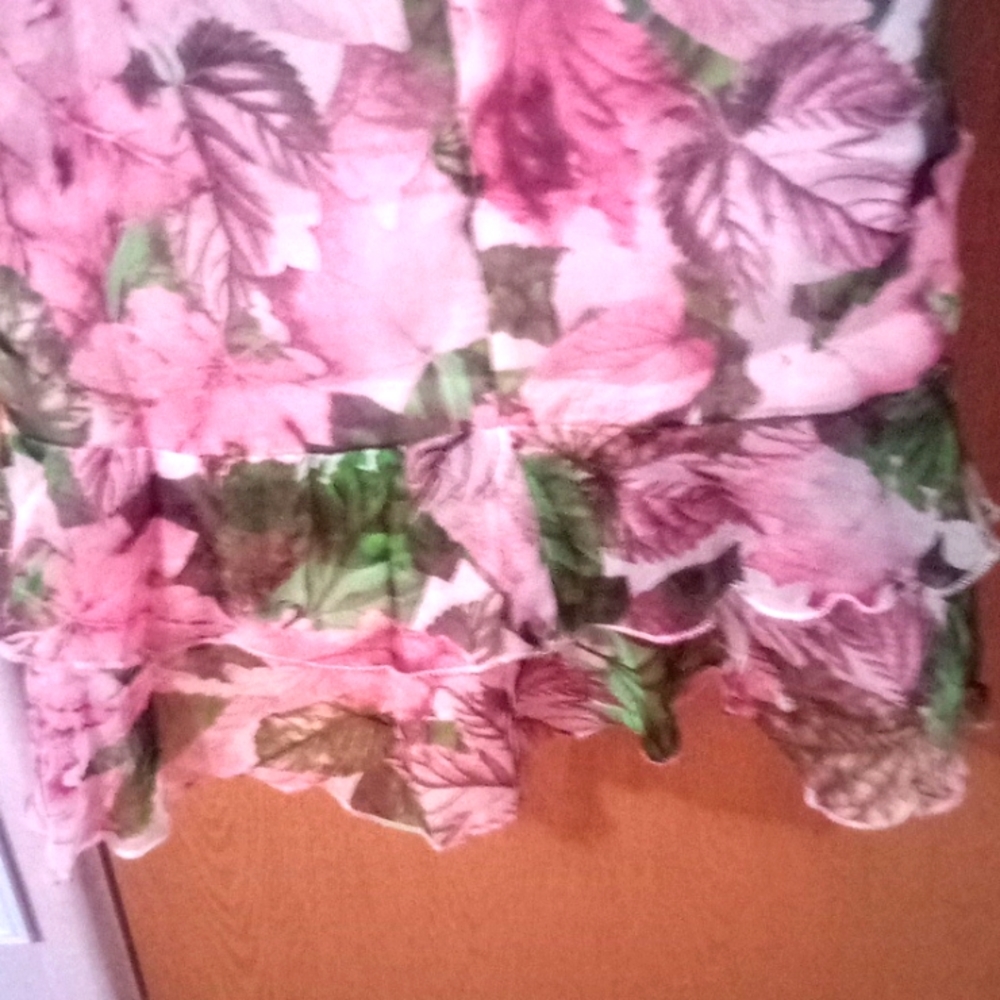 Floral Puff Sleeve‎ Mini Dress Pink Green Sweetheart Neck Ruffle Hem Tiered L - Picture 8 of 10